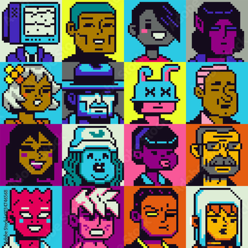 Pixel art people character set, man, woman, girl, guy, avatar, social net portrait, profile picture. Design of 80s. Game assets. 8-bit. Isolated vector illustration background.