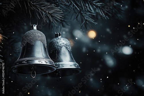 Two Silver Bells Hanging from a Pine Branch in a Snowy Ambiance photo