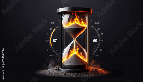 A fiery hourglass with flames inside and a burning candle, symbolizing the passage of time