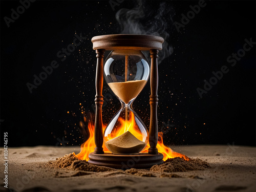 A fiery hourglass with flames inside and a burning candle, symbolizing the passage of time
