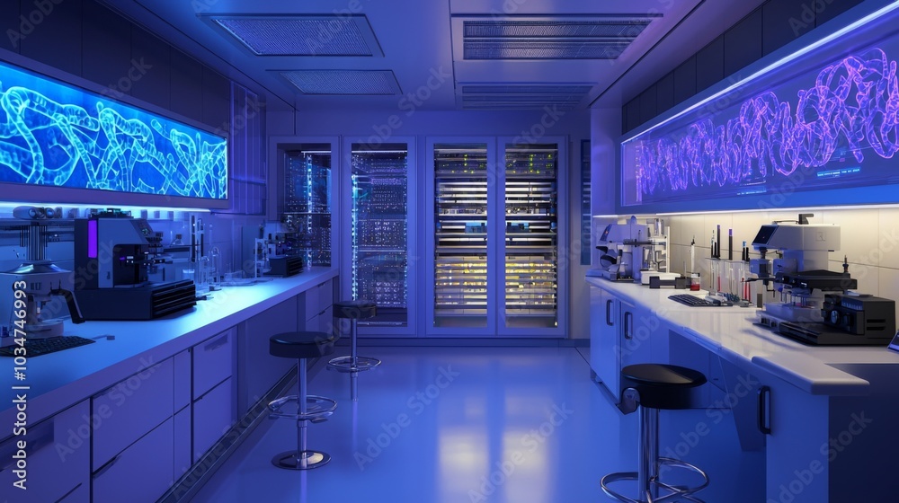 Advanced genetics lab with rotating 3D holoscans of chromosomes and digital control panels