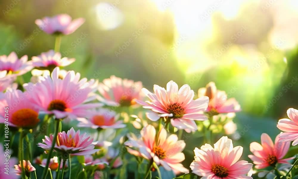 A vibrant field of pink daisies basking in warm sunlight, showcasing nature's beauty. A vibrant field of pink daisies basking in warm sunlight, showcasing nature's beauty.