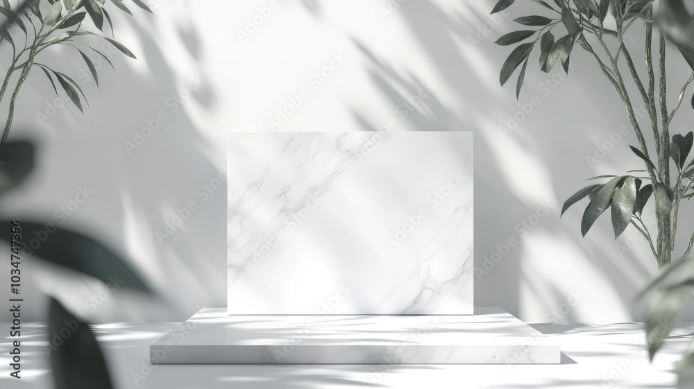 Minimalist Marble Platform with Plant Shadows Minimalist Marble Platform with Plant Shadows