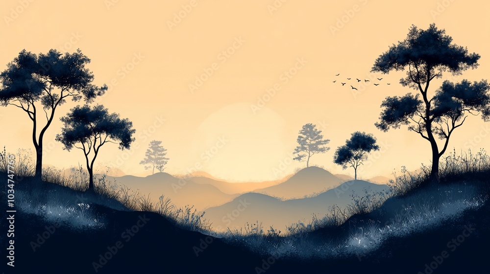 A serene landscape at sunset with silhouetted trees and rolling hills.