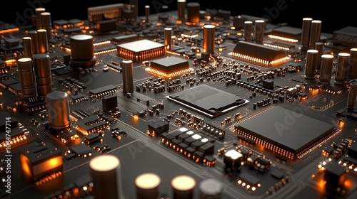 Chip and Circuit Board on Dark Background with Light Orange, Azure, Indigo, and Gold Highlights, Featuring Polished Surfaces and Precisionist Design