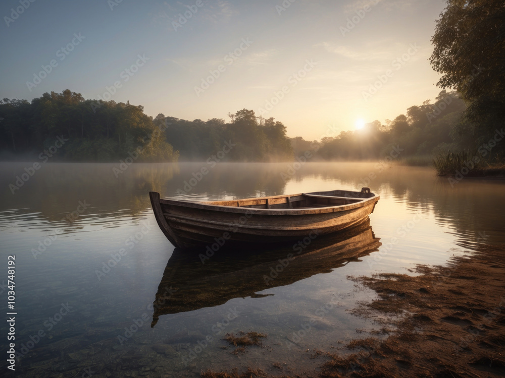 single boat in water in morning. AI Generative single boat in water in morning. AI Generative