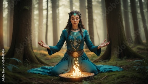 ancient celtic female magician in the forest doing a ritual