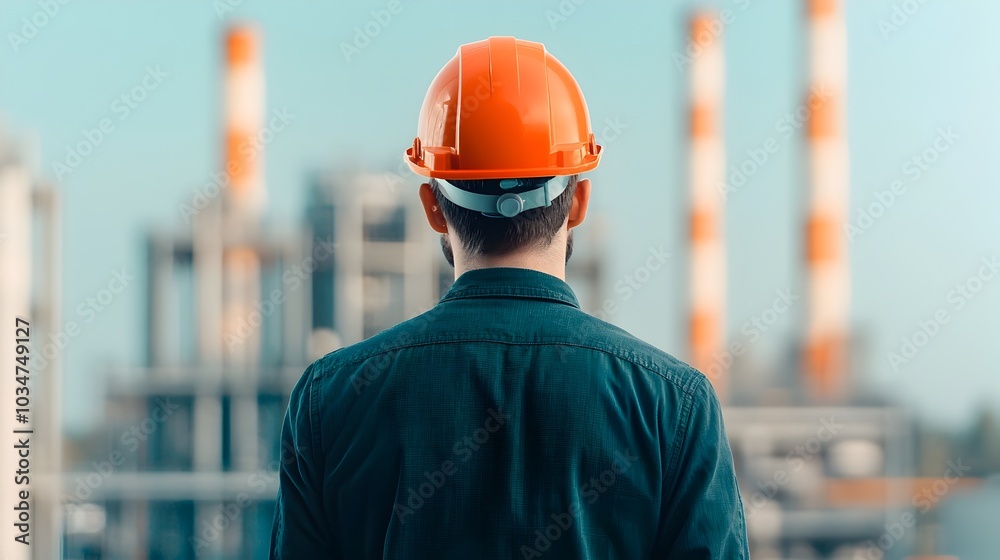Engineer in Hard Hat Overseeing Modern Factory with Smokestacks Engineer in Hard Hat Overseeing Modern Factory with Smokestacks
