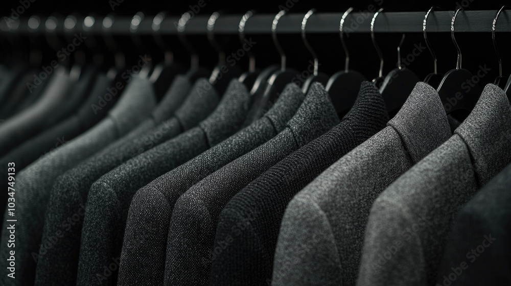Obraz premium The suits hanging on the clothes rack are neatly arranged for display.
