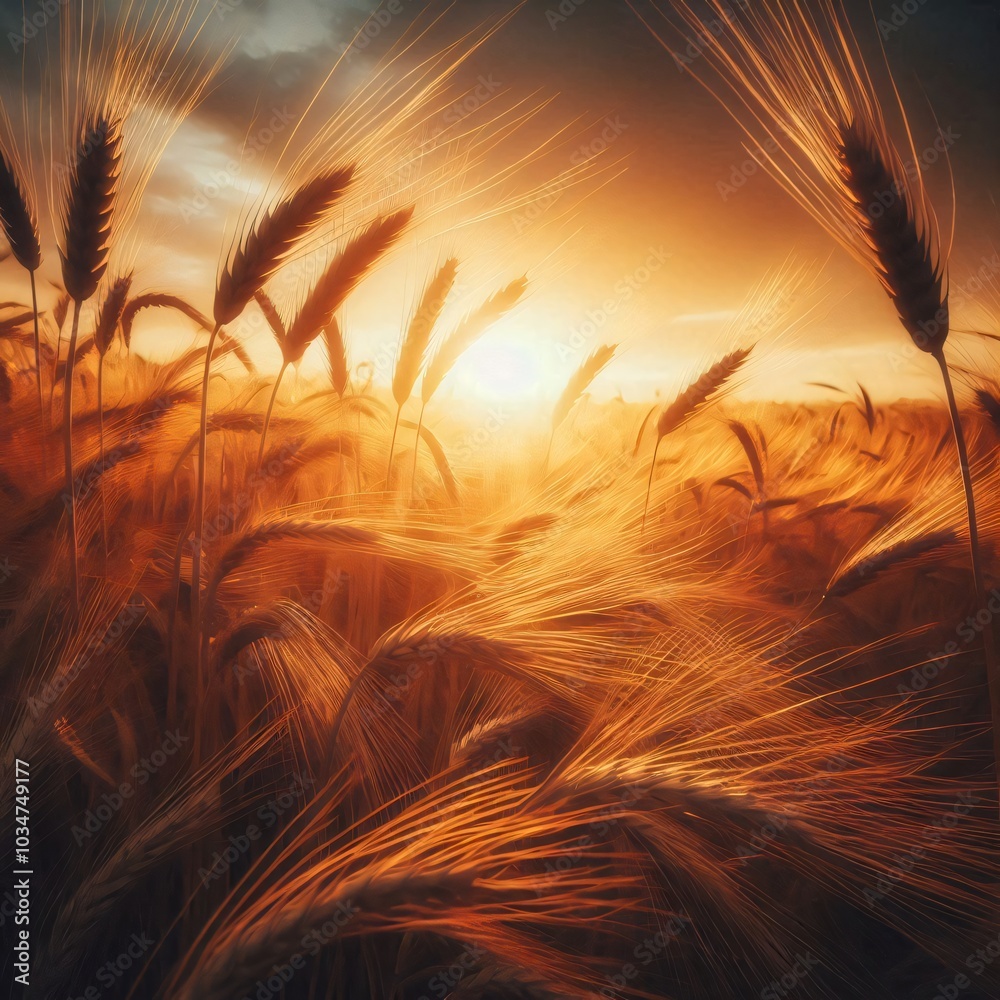 Golden wheat fields swaying in the wind at sunset Golden wheat fields swaying in the wind at sunset