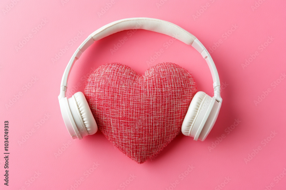 headphones with red heart on pink background with copy space headphones with red heart on pink background with copy space