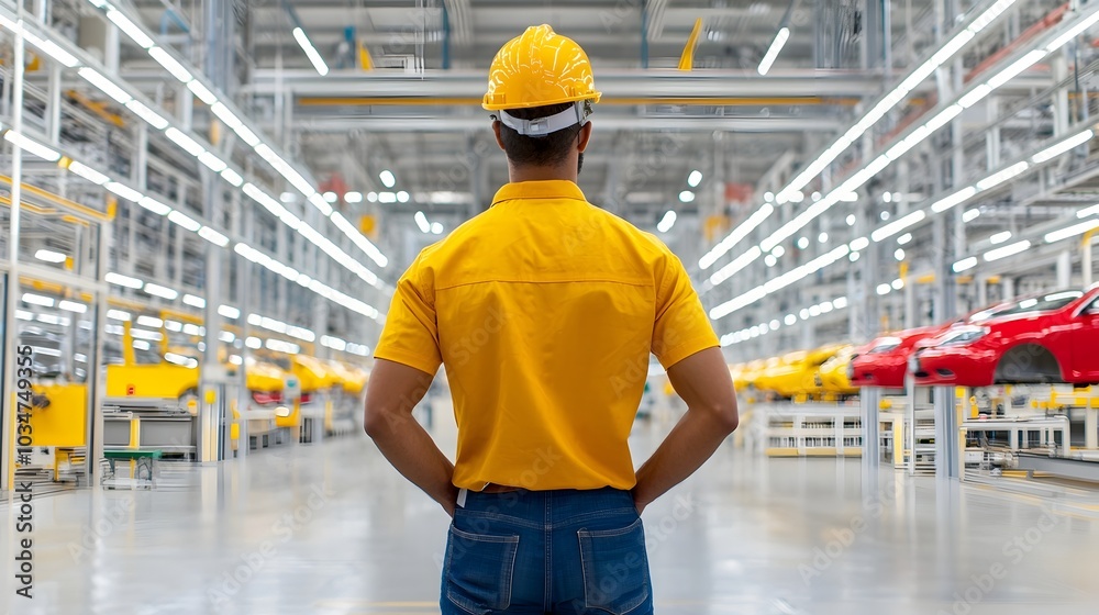 Engineer Standing in Front of a Massive Car Manufacturing Plant Engineer Standing in Front of a Massive Car Manufacturing Plant