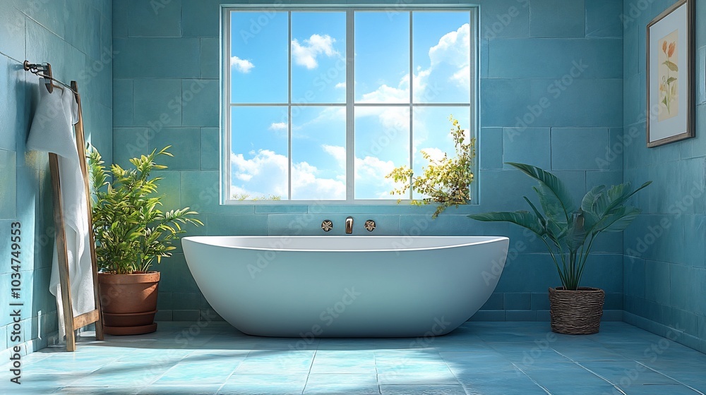 A serene bathroom with a freestanding tub, plants, and a bright window view. A serene bathroom with a freestanding tub, plants, and a bright window view.