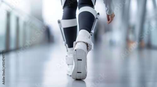 Individual regaining mobility through advanced robotic exoskeleton technology in modern rehabilitation center, showcasing breakthrough achievements in assistive medical innovation photo