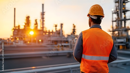 Engineer Overseeing Oil Refinery During Sunset in Industrial Landscape