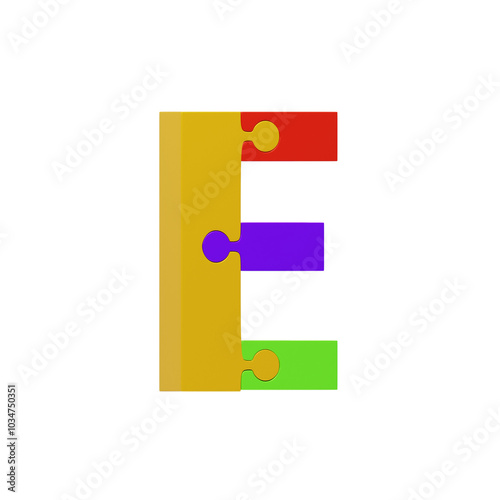 3D Colorful Puzzle Piece Letter E. 3D Icon