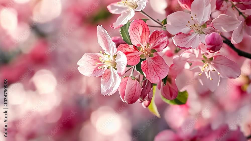 Pink and white apple blossoms bloom in the spring sunlight Pink and white apple blossoms bloom in the spring sunlight