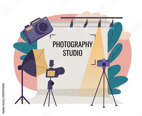Photography studio poster. Photographers equipment in studio. Camera on tripod near softboxes and reflectors. Flashlights in workshop. Flat vector illustration isolated on white background
