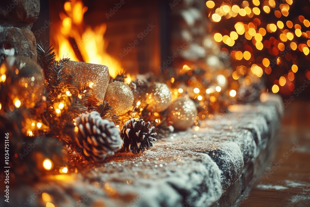 Cozy fireplace adorned with festive decor and glowing holiday lights. Cozy fireplace adorned with festive decor and glowing holiday lights.