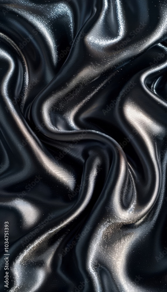 Fototapeta premium The luxurious black satin fabric displays graceful folds and a smooth surface, catching light beautifully. Its rich texture enhances any design, perfect for formal wear or elegant decor.