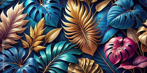 Luxury Floral Background with Gold, Blue, and Pink Monstera Leaves - Modern Botanical Art for Wallpaper, Decor, and Design