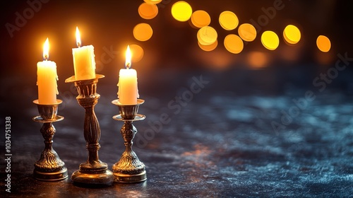 burning candles in vintage candlesticks on dark background, copy space