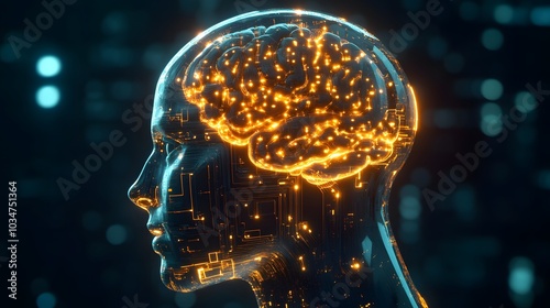 PCB brain with 3d render human head profile. Artificial intelligence or AI concepts. 