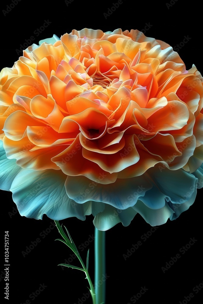 A detailed marigold displays rich orange and blue tones, with layered petals contrasting beautifully against a dark background, showcasing its stunning beauty. A detailed marigold displays rich orange and blue tones, with layered petals contrasting beautifully against a dark background, showcasing its stunning beauty.