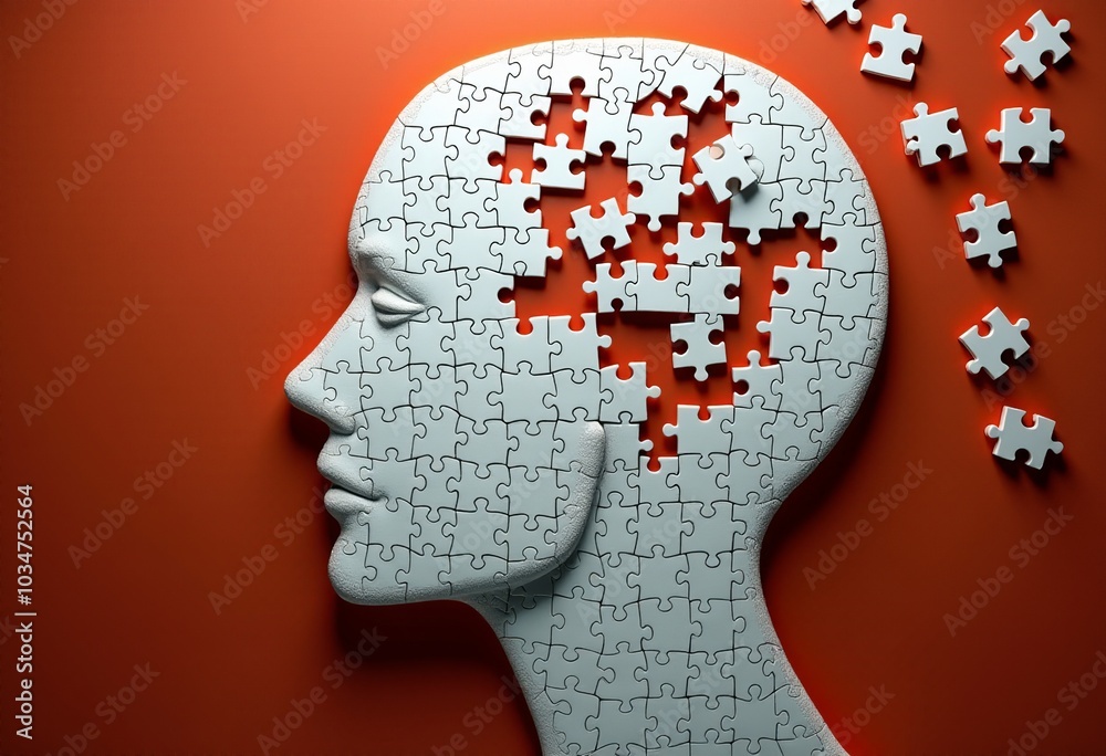 Intricate 2D Human Head Design Crafted from White Puzzle Pieces on a Dark Cayenne Background - A Unique Artistic Perspective Intricate 2D Human Head Design Crafted from White Puzzle Pieces on a Dark Cayenne Background - A Unique Artistic Perspective