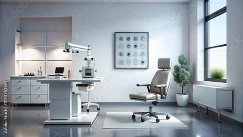 Minimalistic Ophthalmology Exam Setting Featuring Single Line Eye Diagnosis Techniques, Clean Aesthetic, Modern Design, Eye Health, Diagnostic Tools, Professional Environment, Medical Equipment