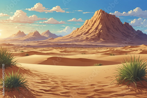 Sand mountains in the desert with clear sky. In anime style