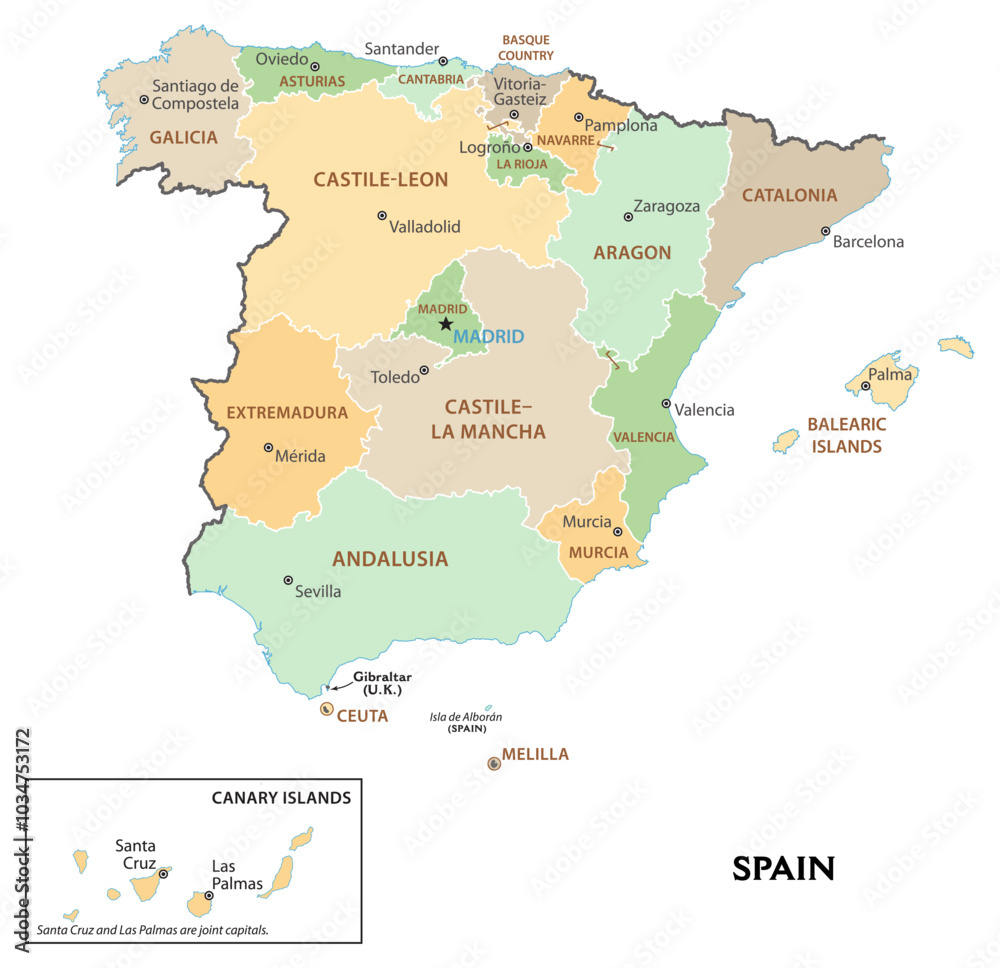 Fototapeta premium Isolated administrative divisions map of Spain