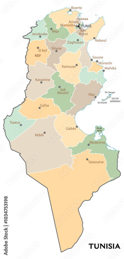 Obraz premium Isolated administrative divisions map of Tunisia