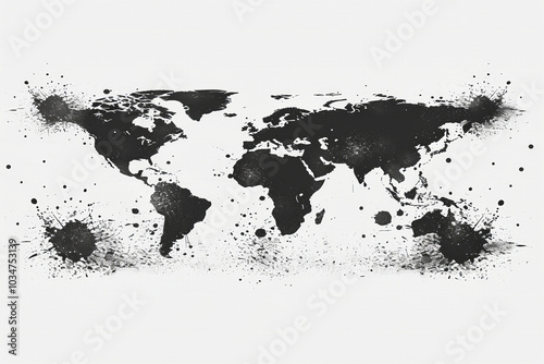 A creative representation of a world map in black and white, featuring dynamic ink splashes around it, enhancing the artistic and modern feel. This design serves as an imaginative take on geography.