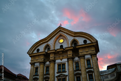 Historic Church Building at Sunset in Ljubljana, Slovenia