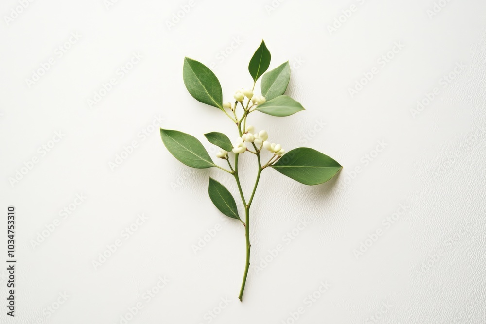 Obraz premium A Sprig of Green Leaves with White Buds on a White Background