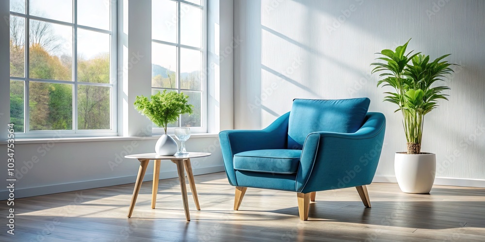 Modern Blue Armchair in Minimalist Living Room Design - Stylish Furniture, Cozy Atmosphere, Contemporary Decor, Interior Inspiration, Elegant Home Styling Modern Blue Armchair in Minimalist Living Room Design - Stylish Furniture, Cozy Atmosphere, Contemporary Decor, Interior Inspiration, Elegant Home Styling