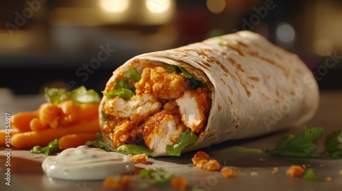 Ultra detailed, photorealistic close-up of a fast-food counter showcasing a crispy buffalo chicken wrap with a side of carrot sticks and ranch dressing in high resolution