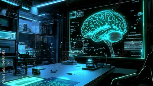 A detailed 3D holoscan of the human brain in a futuristic medical lab, with neural pathways lit up in blue and green