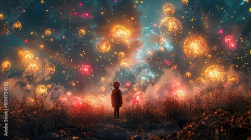 A Child's Dream: Glowing Orbs in a Mystical Night Sky