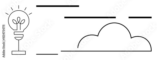 Lightbulb with plant inside, cloud, and horizontal lines. Ideal for sustainability, innovation, growth, environment, and technology themes. Minimalist style. Black and white design emphasizes