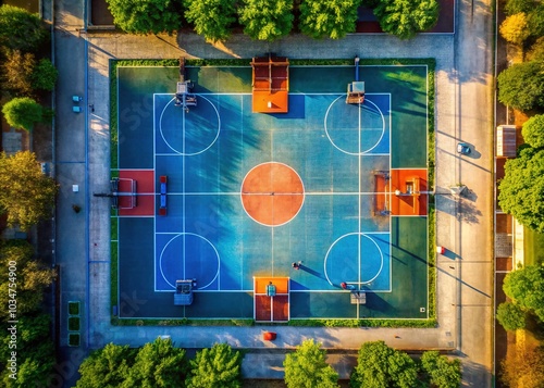 High-altitude perspective unveils the court's symmetry and tactics. photo