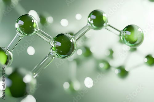Transparent green molecules with different angles, 3d rendering