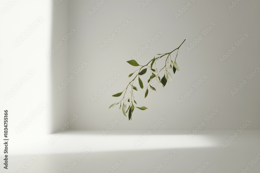A Single Branch of Green Leaves Against a White Wall A Single Branch of Green Leaves Against a White Wall