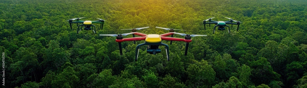 Drones are flying over a dense forest, capturing the lush greenery and sunlight filtering through the trees, showcasing technology's harmony with nature. Drones are flying over a dense forest, capturing the lush greenery and sunlight filtering through the trees, showcasing technology's harmony with nature.