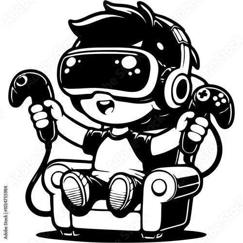 Boy plays computer game in virtual reality glasses with manipulators sitting in computer chair in monochrome. Simple minimalistic vector in black ink drawing on transparent background