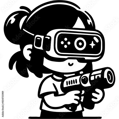 Girl in virtual reality glasses hiding behind cover and aiming with toy blaster in monochrome. Simple minimalistic vector in black ink drawing on transparent background