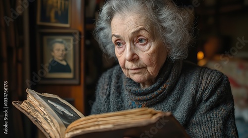 elderly woman with nostalgic expression holding and gazing at vintage photographs reminiscing past memories symbolizing the challenges of dementi and alzheimers disease.illustration