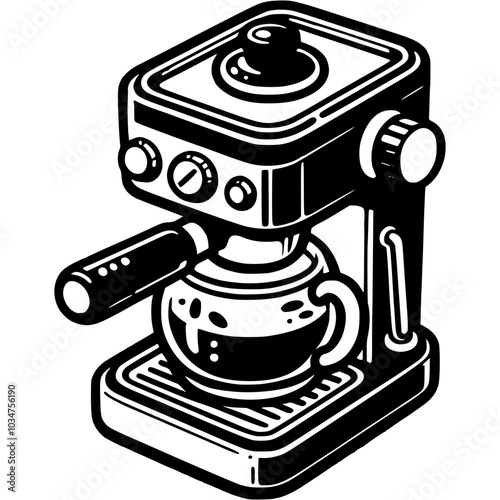 Coffee making machine in monochrome. Professional coffee brewer. Simple minimalistic vector in black ink drawing on transparent background