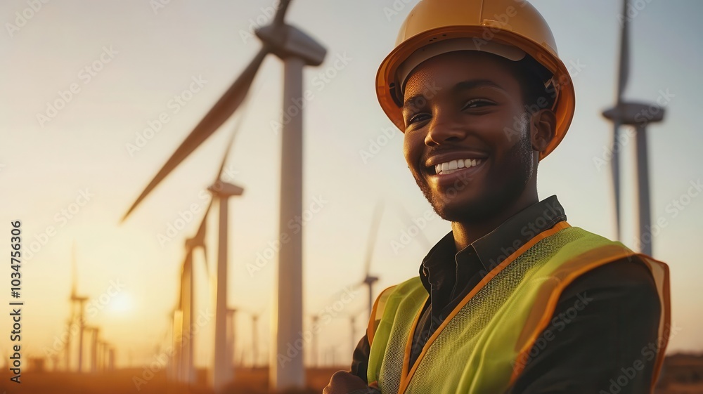 A smiling worker in a hard hat stands confidently among wind turbines during sunset, representing renewable energy and environmental commitment. A smiling worker in a hard hat stands confidently among wind turbines during sunset, representing renewable energy and environmental commitment.